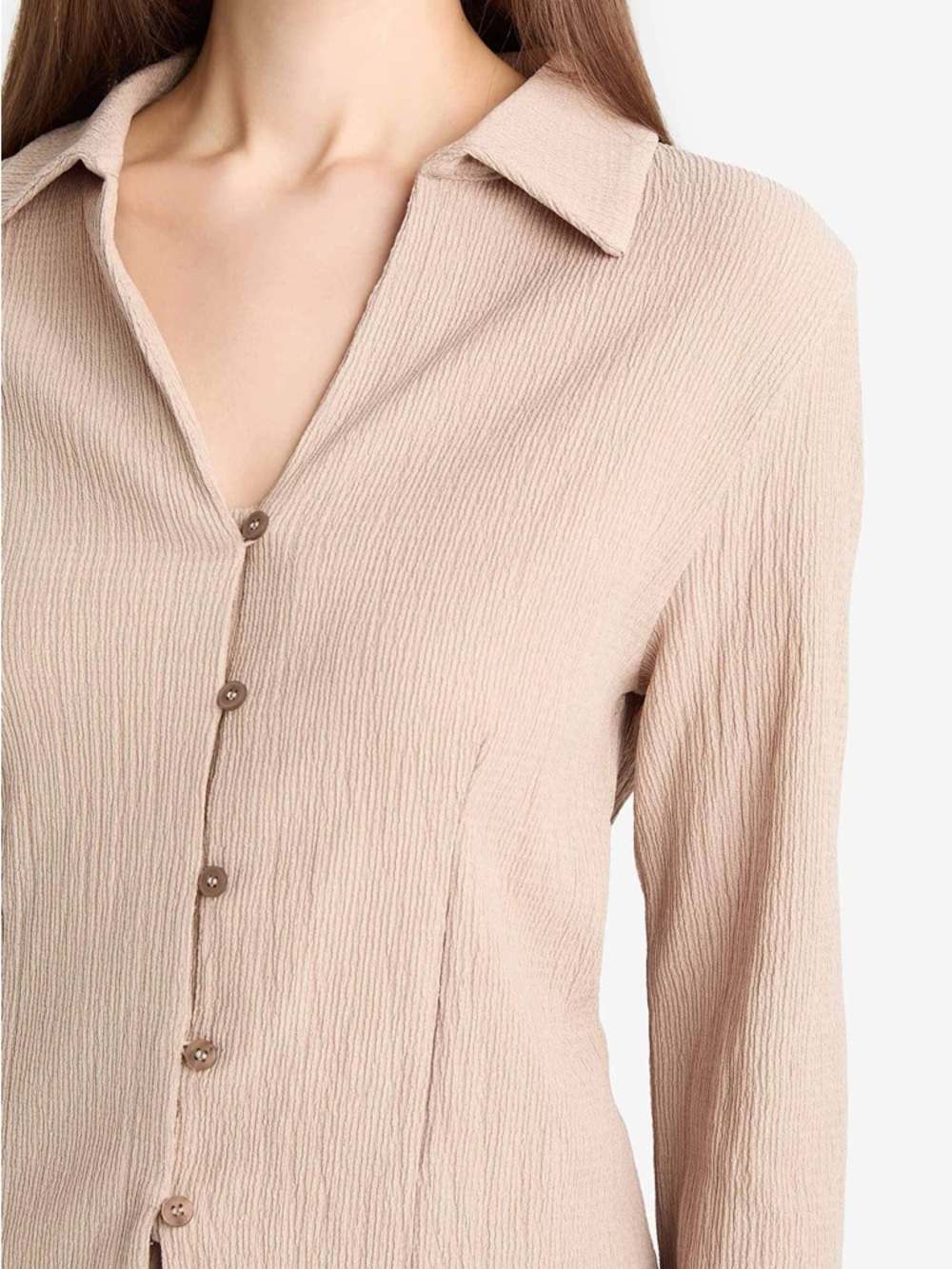 Defacto Collared Ribbed Button-Front Top in Taupe | size small - Picture 9 of 9
